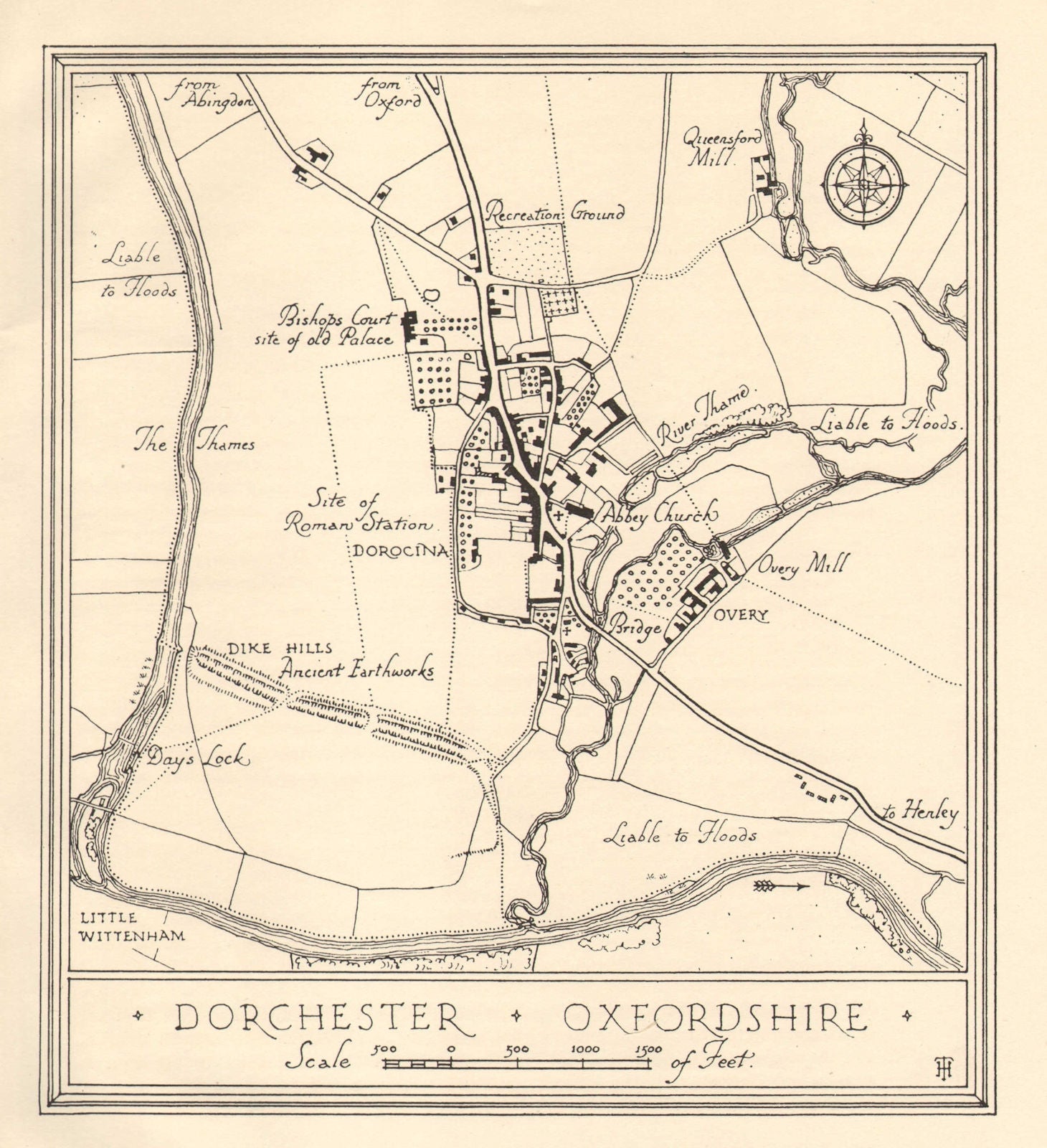 Town plan of DORCHESTER, Oxfordshire. Thames Valley 1929 old vintage map chart